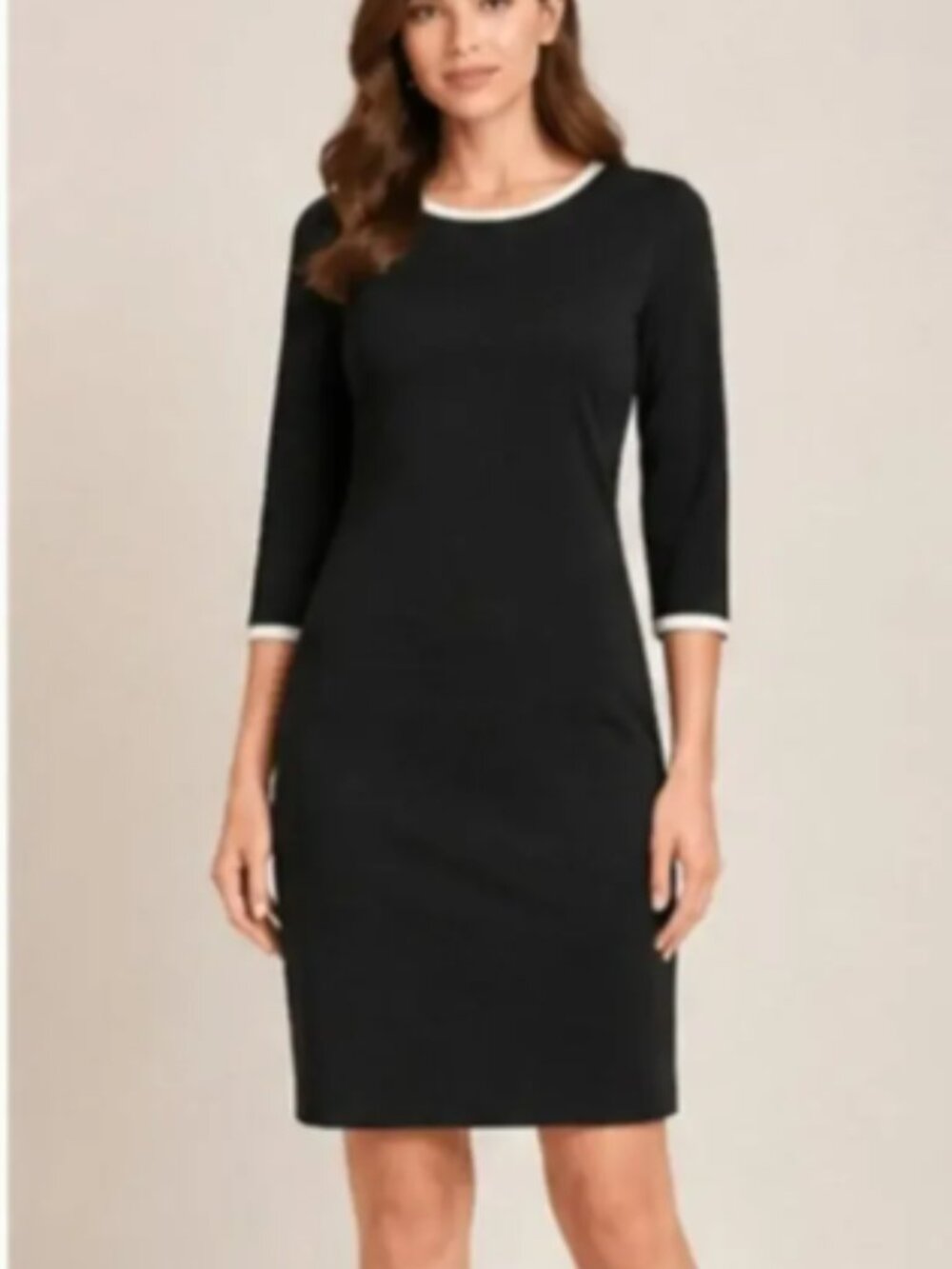 Nik and Nash Black Knee Length Sheath Dress White Trim 3/4 Sleeve Size L